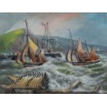 ALFRED WORTHINGTON oil on board - squally Aberystwyth harbour with sail-boats, signed, 32 x 42cms