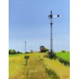 ‡ LAURENCE ROCHE acrylic – railway track with isolated station and signal, entitled verso ‘Beware of