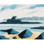 ‡ GWYN ROBERTS oil on canvas – Ynys Mon (Anglesey) coast, entitled verso ‘Porth Cwyfan, Eglwys