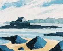 ‡ GWYN ROBERTS oil on canvas – Ynys Mon (Anglesey) coast, entitled verso ‘Porth Cwyfan, Eglwys