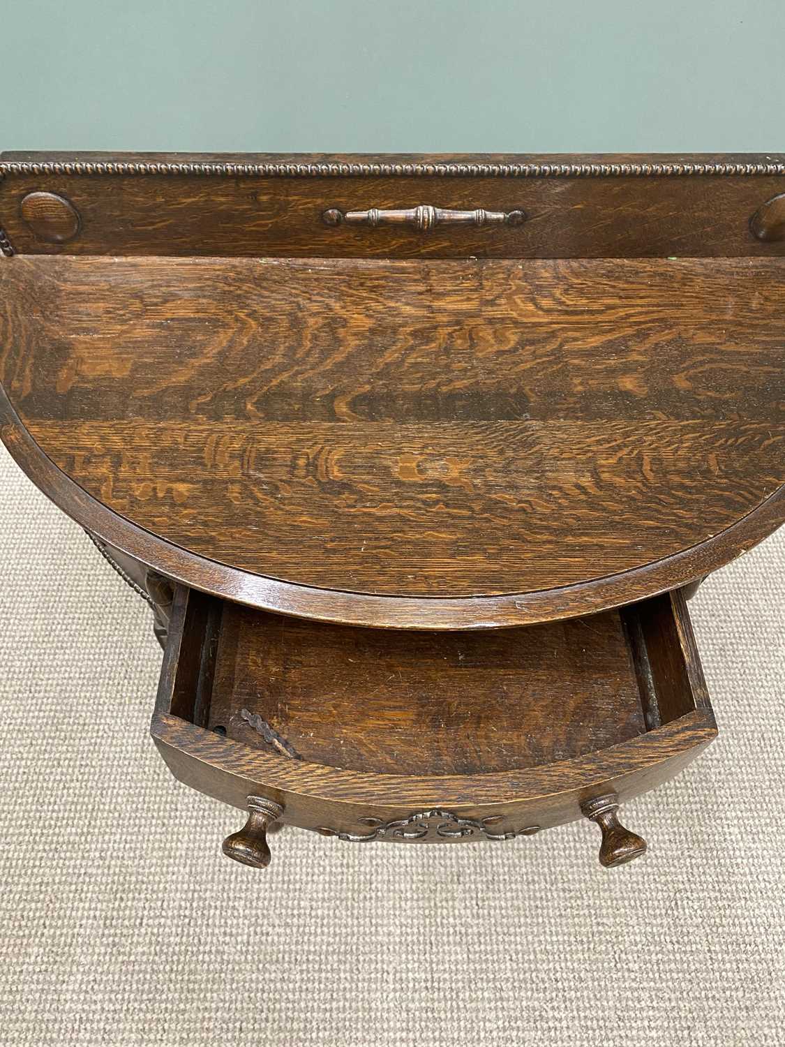 VINTAGE OAK RAILBACK HALF MOON HALL TABLE, single central frieze drawer with turned wooden knobs and - Image 2 of 3