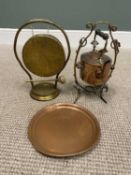 VINTAGE COPPER & BRASSWARE GROUP, to include a copper spirit kettle on floral leaf brass stand,