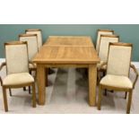 REPRODUCTION OAK EXTENDING DINING TABLE & SIX (4+2) DINING CHAIRS, the 4.25cms thick table top