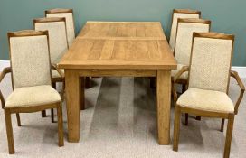 REPRODUCTION OAK EXTENDING DINING TABLE & SIX (4+2) DINING CHAIRS, the 4.25cms thick table top