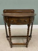 VINTAGE OAK RAILBACK HALF MOON HALL TABLE, single central frieze drawer with turned wooden knobs and