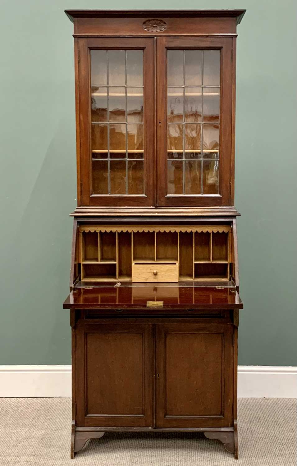 AN EDWARDIAN MAHOGANY BUREAU BOOKCASE having a twin door leaded-glass upper section over a fall - Image 2 of 11