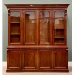 VICTORIAN MAHOGANY FOUR-DOOR BOOKCASE CUPBOARD, extremely well presented, having a stepped cornice