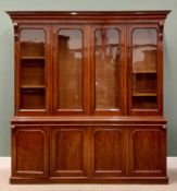 VICTORIAN MAHOGANY FOUR-DOOR BOOKCASE CUPBOARD, extremely well presented, having a stepped cornice