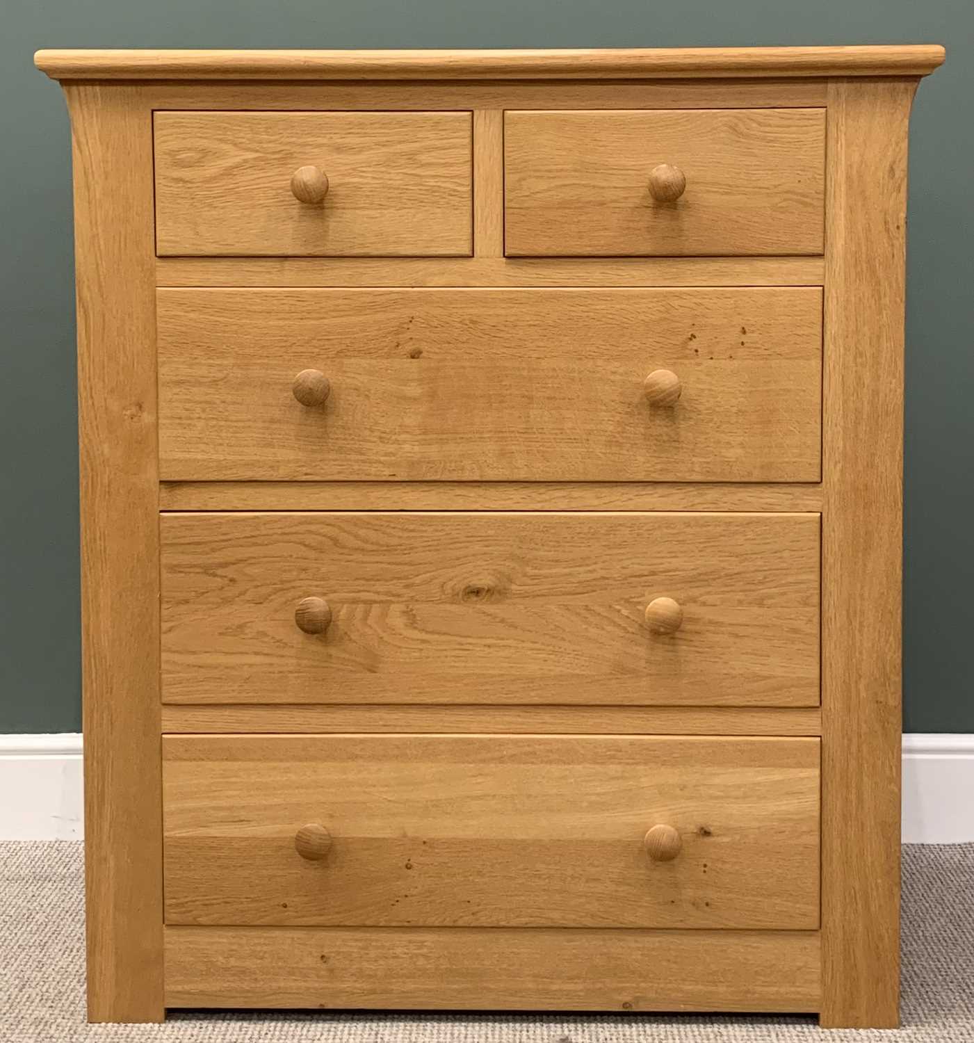 MODERN SIENNA OAK CHEST OF TWO SHORT OVER THREE LONG DRAWERS, with turned wooden knobs, 115cms H,