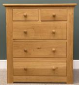 MODERN SIENNA OAK CHEST OF TWO SHORT OVER THREE LONG DRAWERS, with turned wooden knobs, 115cms H,