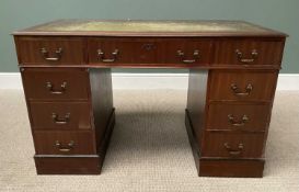 REPRODUCTION MAHOGANY PEDESTAL DESK with gilt tooled green leather top insert and an arrangement