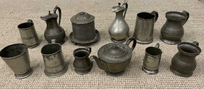 ANTIQUE & LATER PEWTER COLLECTION OF VARIOUS TANKARDS, JUGS, BISCUIT BARREL ETC