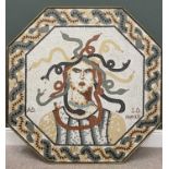 LARGE MEDUSA HEAD MOSAIC WALL HANGING ART WORK, the arranged pottery pieces set to a framed board,