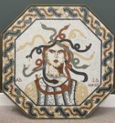 LARGE MEDUSA HEAD MOSAIC WALL HANGING ART WORK, the arranged pottery pieces set to a framed board,