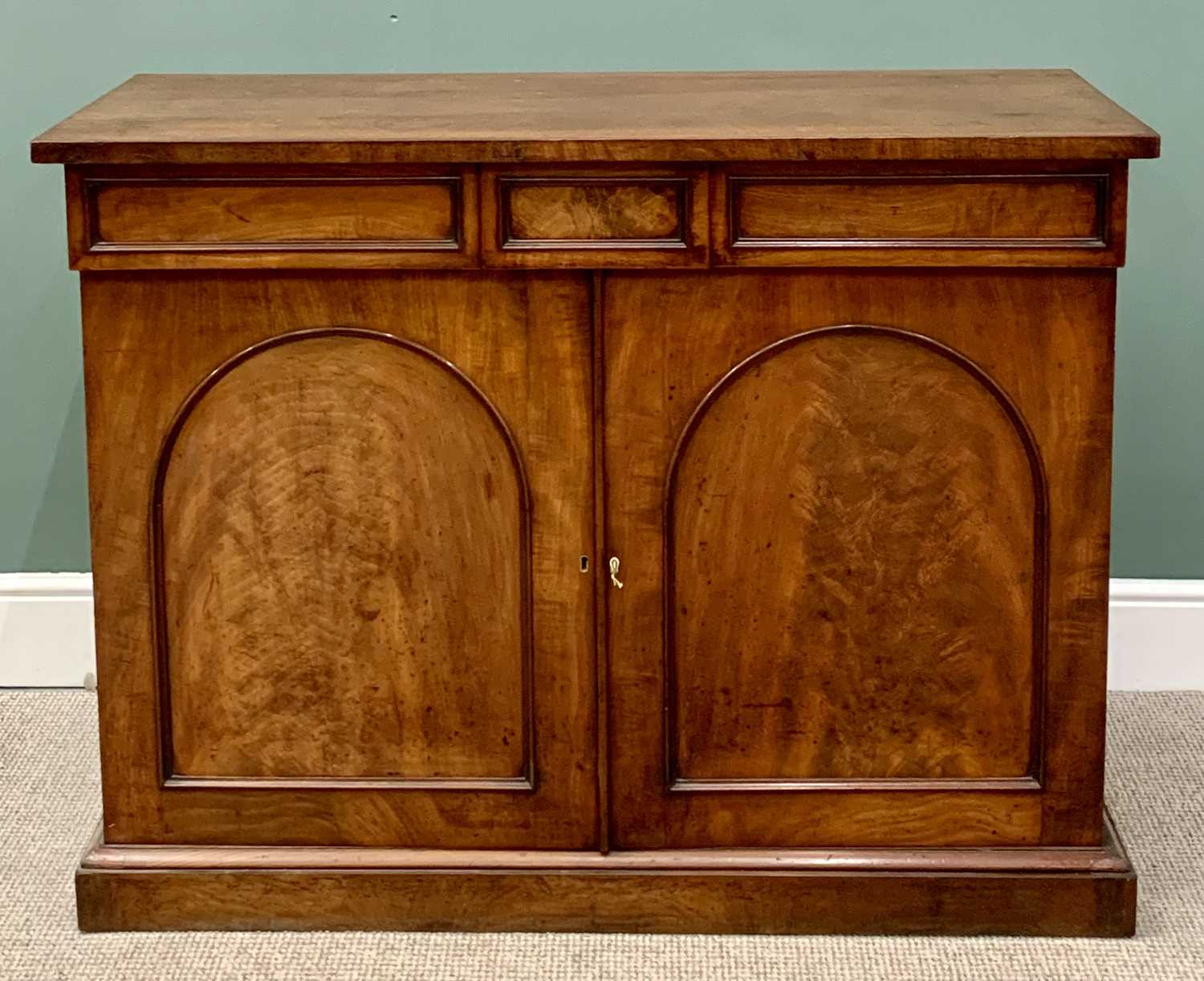 EARLY VICTORIAN MAHOGANY CHIFFONIER BASE, the straight edge rectangular top over one long and one