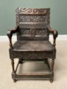 18TH CENTURY CARVED OAK ELBOW CHAIR, peg joined construction with chip carving to the back, panels