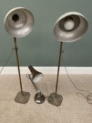 PAIR OF INDUSTRIAL-TYPE RISE & FALL ANGLEPOISE FLOOR STANDING LAMPS & A MODERN DESKTOP LAMP, stamped