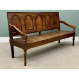 OAK OPEN HALL BENCH / SETTLE, circa 1840, the back having five crossbanded arched top panels, open