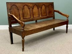 OAK OPEN HALL BENCH / SETTLE, circa 1840, the back having five crossbanded arched top panels, open