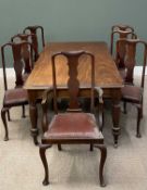 VICTORIAN MAHOGANY DINING TABLE & SIX SPLAT BACK DINING CHAIRS, the fixed table top with rounded