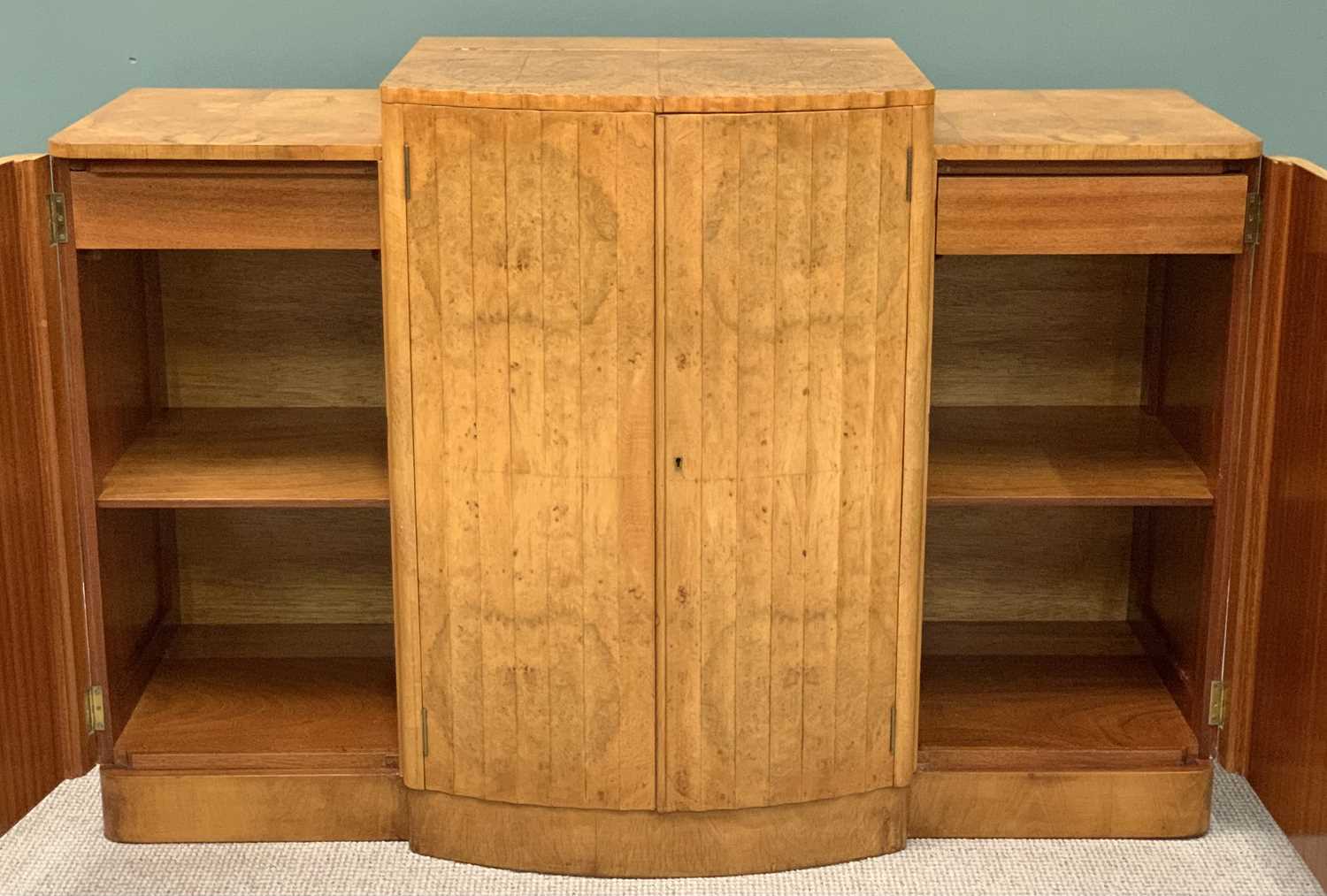 ART DECO BIRD'S EYE MAPLE VENEERED COCKTAIL CABINET SIDEBOARD, with twin fluted rib central doors - Image 7 of 8