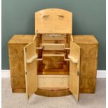 ART DECO BIRD'S EYE MAPLE VENEERED COCKTAIL CABINET SIDEBOARD, with twin fluted rib central doors