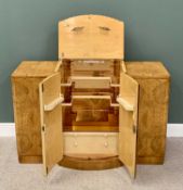 ART DECO BIRD'S EYE MAPLE VENEERED COCKTAIL CABINET SIDEBOARD, with twin fluted rib central doors