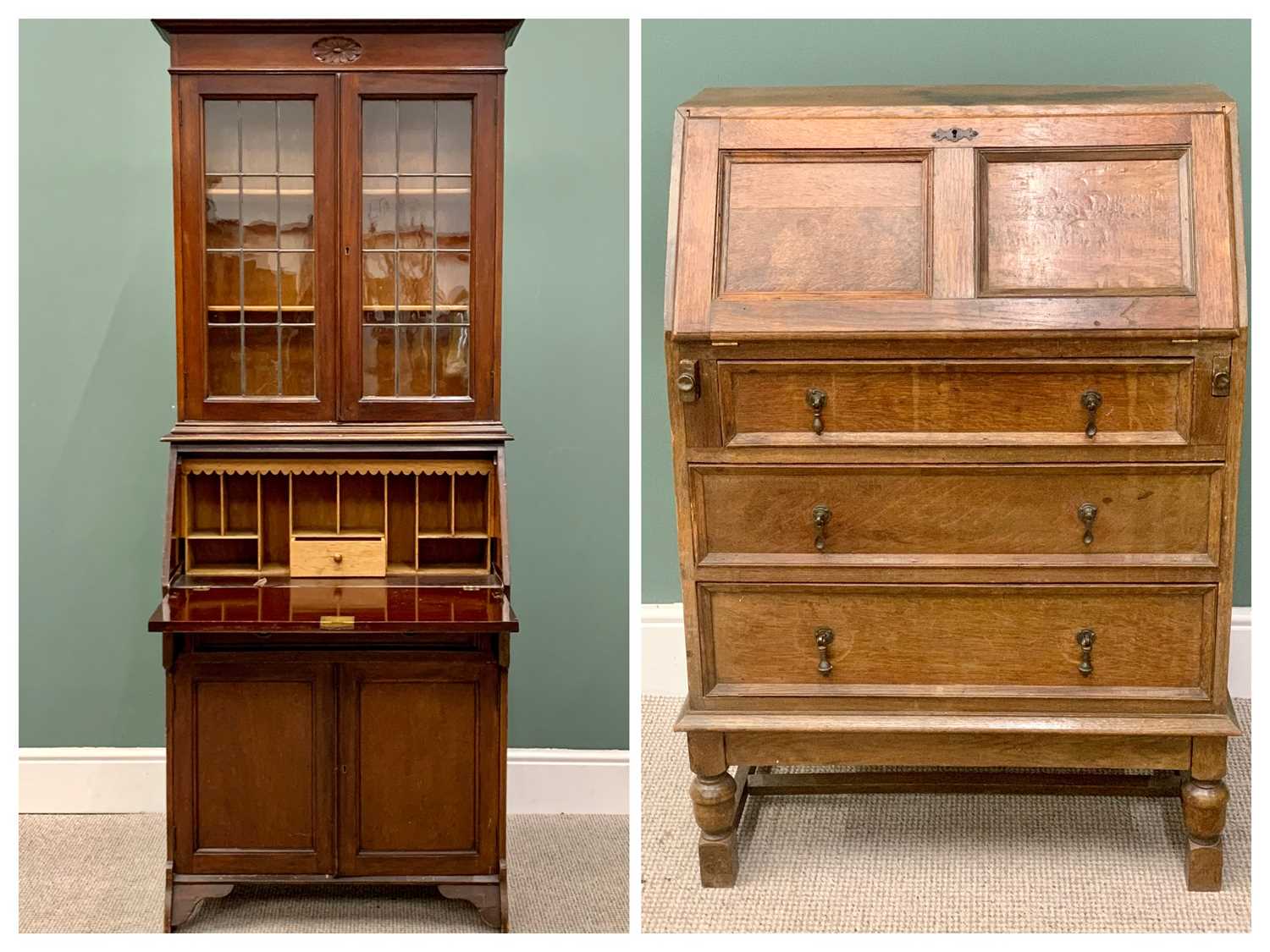 AN EDWARDIAN MAHOGANY BUREAU BOOKCASE having a twin door leaded-glass upper section over a fall