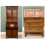 AN EDWARDIAN MAHOGANY BUREAU BOOKCASE having a twin door leaded-glass upper section over a fall