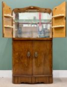 VINTAGE WALNUT COCKTAIL CABINET, with serpentine top front and base, twin opening upper doors with