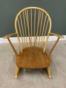 ERCOL LIGHT ELM STICK BACK ROCKING ARMCHAIR, with clip on upholstered pads, 97cms H, 75cms W,