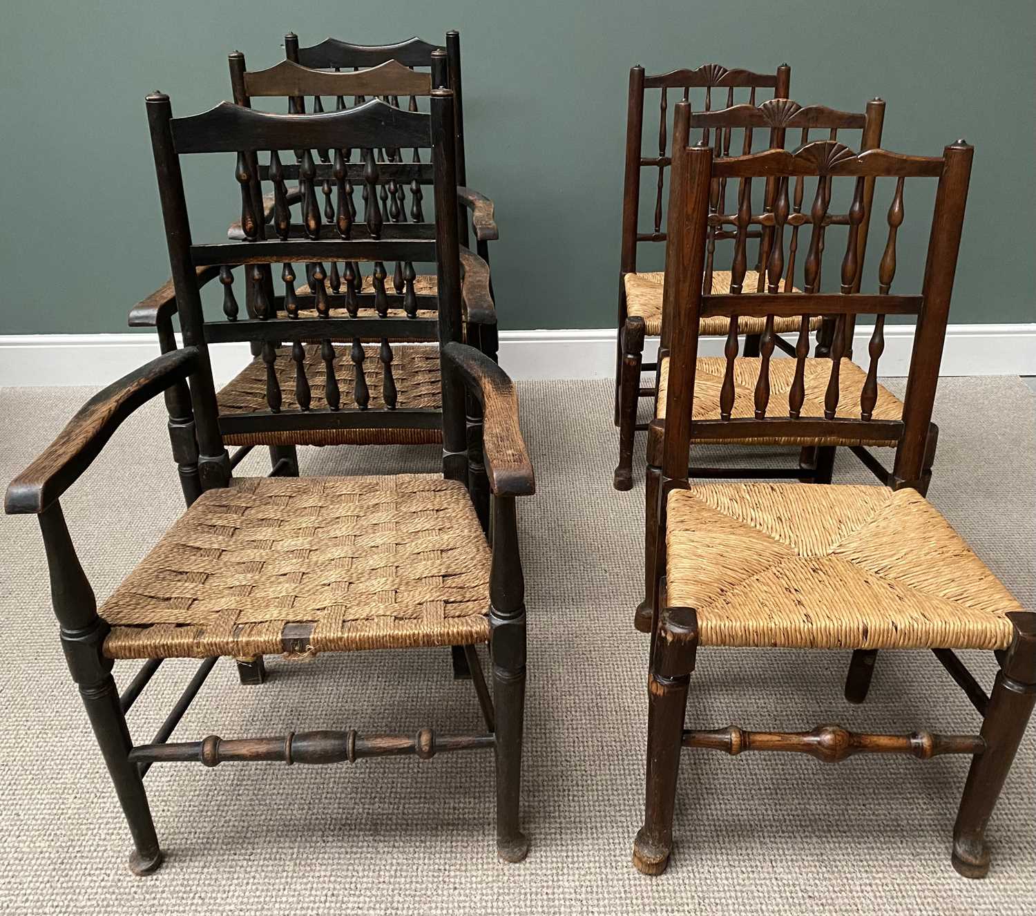 SIX ANTIQUE OAK SPINDLE BACK FARMHOUSE CHAIRS (3+3) the first three having double spindle backs with