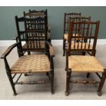 SIX ANTIQUE OAK SPINDLE BACK FARMHOUSE CHAIRS (3+3) the first three having double spindle backs with