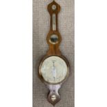 ANTIQUE MAHOGANY WALL BAROMETER WITH THERMOMETER & OTHER DIALS, banjo shape with central brass