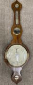 ANTIQUE MAHOGANY WALL BAROMETER WITH THERMOMETER & OTHER DIALS, banjo shape with central brass