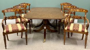 EXCELLENT QUALITY REPRODUCTION BURR WALNUT DINING SUITE, comprising twin pedestal dining table