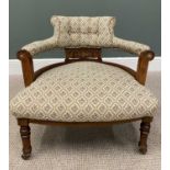 EDWARDIAN INLAID MAHOGANY SALON TUB CHAIR, classically reupholstered with button back rail and