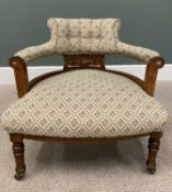 EDWARDIAN INLAID MAHOGANY SALON TUB CHAIR, classically reupholstered with button back rail and