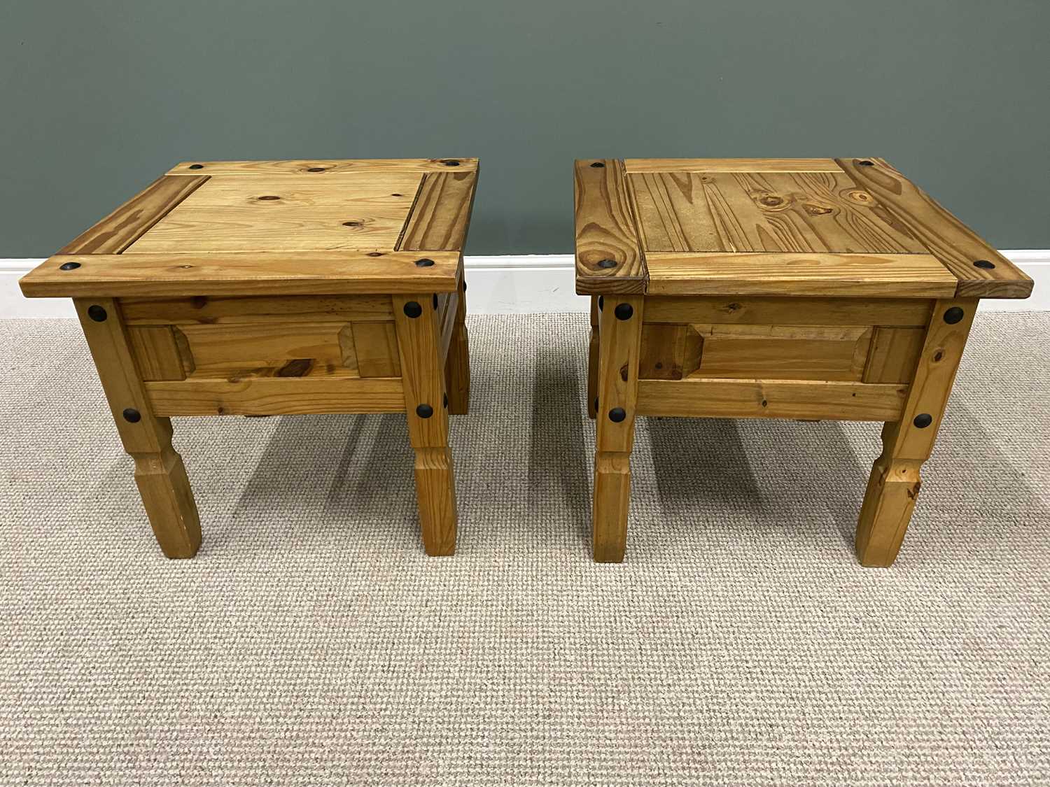 OFFERED WITH LOT 19 - PAIR OF MEXICAN PINE SQUARE TOP OCCASIONAL TABLES, 54cms H, 58 x 58cms tops