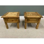 OFFERED WITH LOT 19 - PAIR OF MEXICAN PINE SQUARE TOP OCCASIONAL TABLES, 54cms H, 58 x 58cms tops