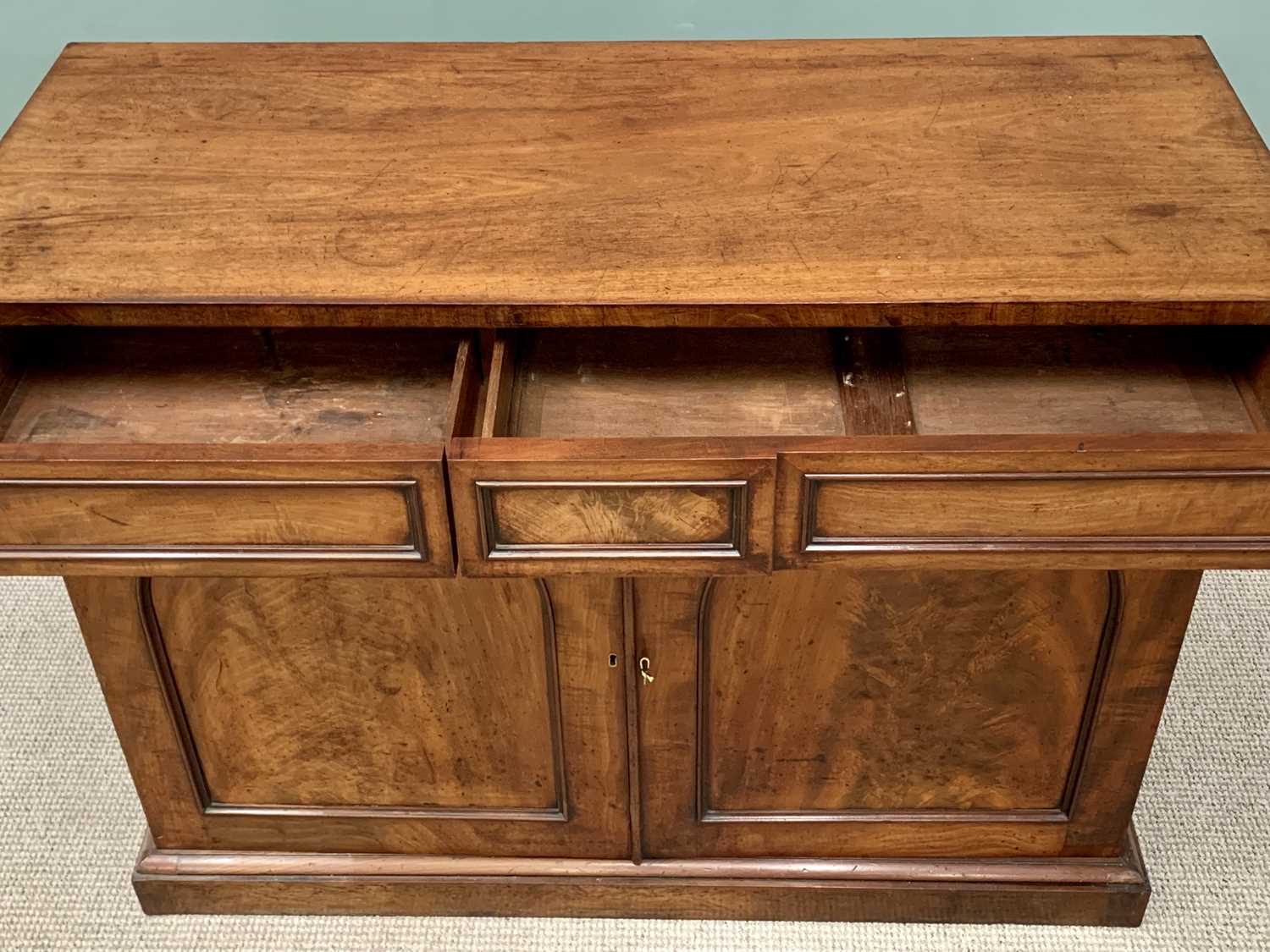 EARLY VICTORIAN MAHOGANY CHIFFONIER BASE, the straight edge rectangular top over one long and one - Image 4 of 6