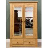 MODERN OAK DOUBLE WARDROBE, having twin upper bevelled edge mirrored doors over two lower drawers,