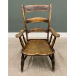 PLUS LOT 46 - ANTIQUE FARMHOUSE ARMCHAIR, curved ladder back and swept arms on turned spindle