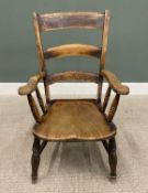 PLUS LOT 46 - ANTIQUE FARMHOUSE ARMCHAIR, curved ladder back and swept arms on turned spindle