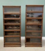 TWO GLOBE WERNICKE OAK SIX-SECTION STACKING BOOKCASES with top covers and single drawer bases,