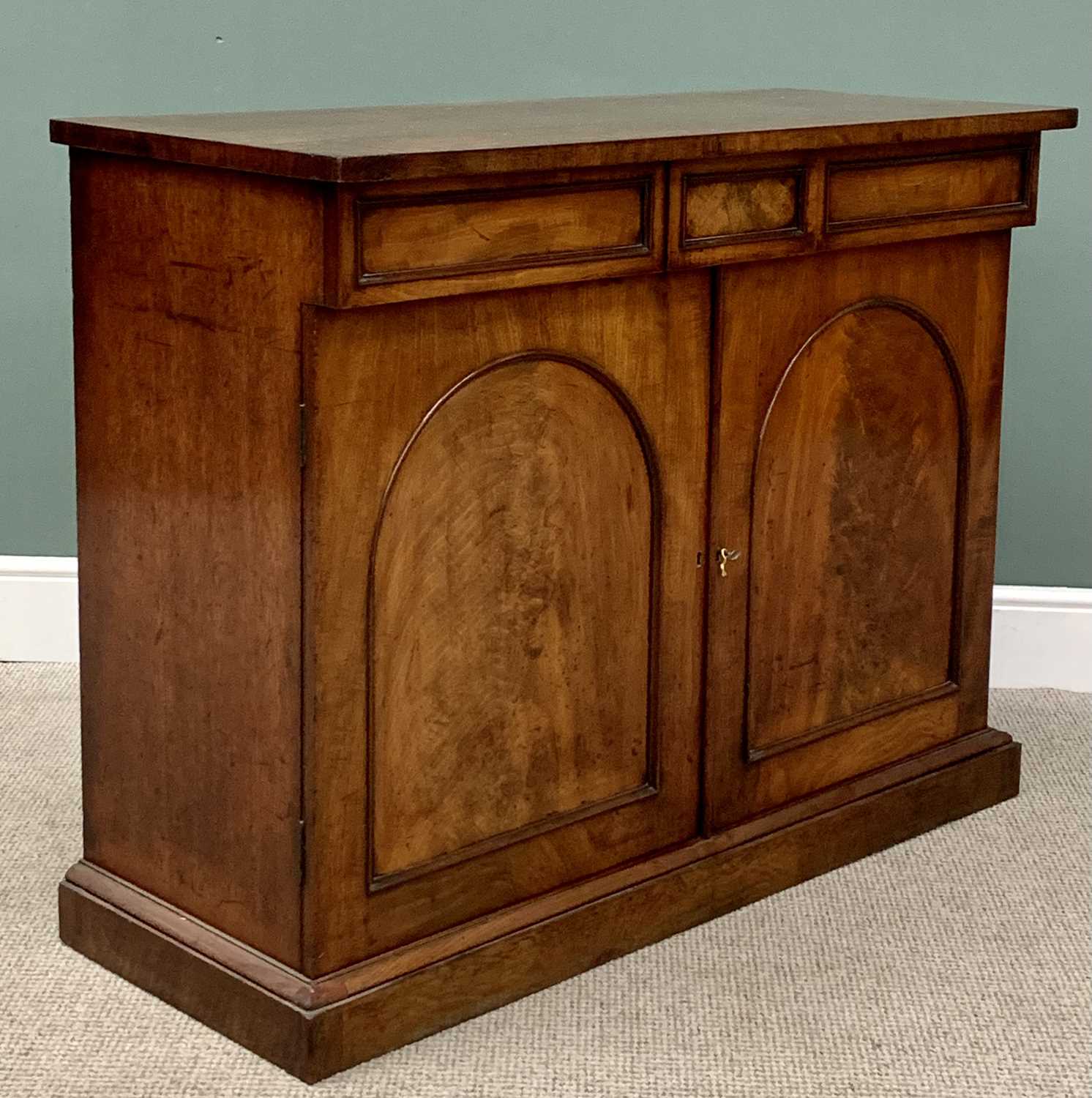 EARLY VICTORIAN MAHOGANY CHIFFONIER BASE, the straight edge rectangular top over one long and one - Image 2 of 6
