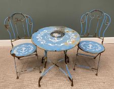 FRENCH-STYLE METAL CAFE / BISTRO FOLDING TABLE & TWO CHAIRS SET, in blue, transfer printed detail to