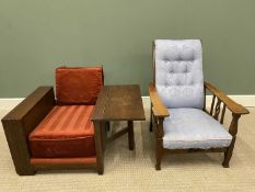 ARTS & CRAFTS AND ART DECO VINTAGE OAK RECLINING ARMCHAIRS x 2, the first having button back