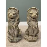 A PAIR OF RECONSTITUTED STONEWARE SEATED GARDEN LIONS 63cms H, 30 x 30cms bases