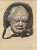 EDITH BLUTTAL mixed media - portrait of Winston Churchill, signed, 44 x 34cms